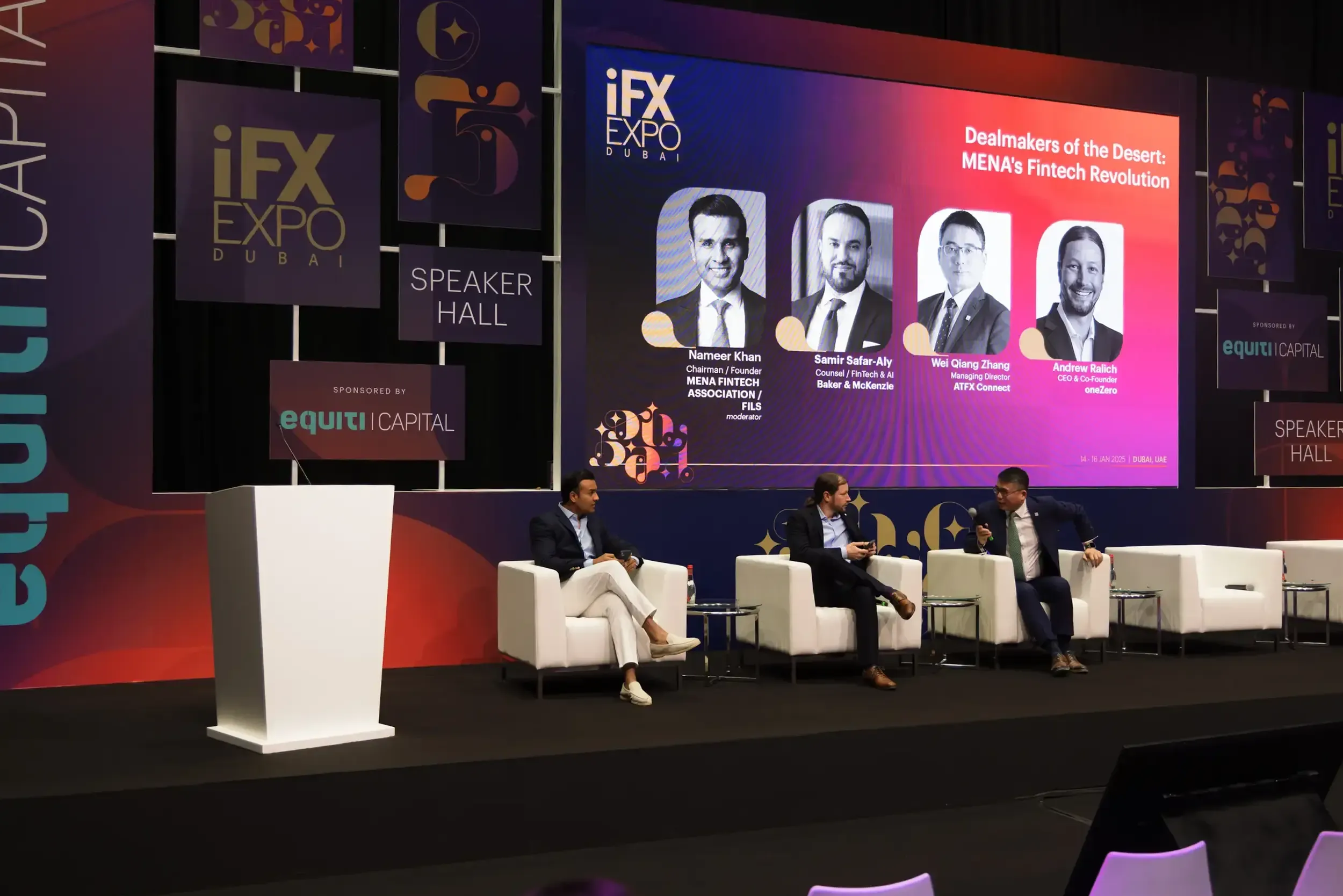 iFX EXPO Dubai fintech panel Dealmakers of the Desert on stage with Equiti Capital branding